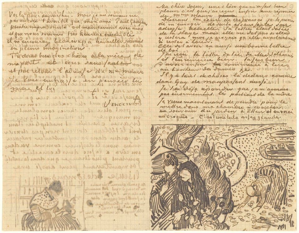 A personal letter from Van Gogh, which includes small sketches at the bottom. The handwriting and the drawings offer insight into his creative process and his emotional state at the time. The scene depicted in the sketches may reference daily life or moments of reflection.