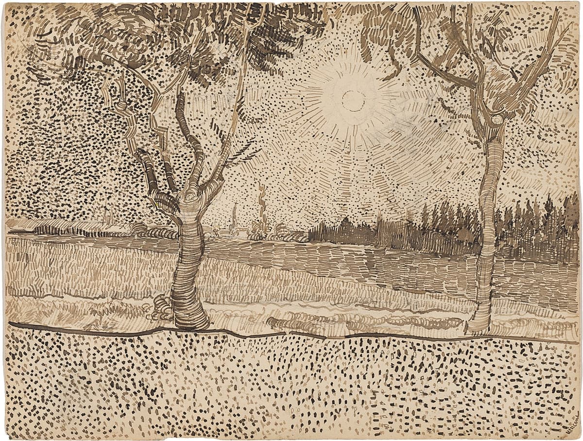 This sketch captures a bright, sunlit landscape with Van Gogh's characteristic dotted and lined texture. The trees and the sun are depicted with swirling and radiant energy, showing the artist's unique ability to express the vitality of nature even in monochrome.