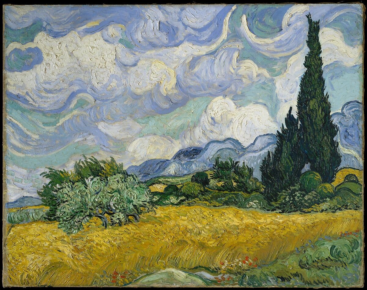 A brilliant landscape featuring golden wheat fields, swirling clouds, and cypress trees standing tall in the foreground. The textured brushstrokes capture the motion of the wind and the vitality of the landscape.
