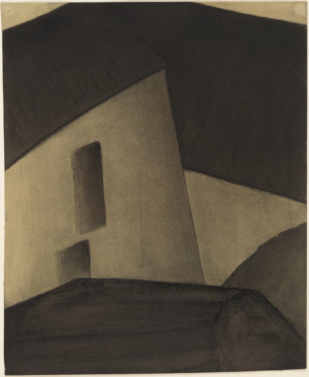 This image captures an abstract rendering of architectural forms. Simple geometric shapes, rendered in muted, earthy tones, overlap and suggest buildings or structures. The composition has a soft, dreamlike quality, with the edges of the shapes blending into one another.