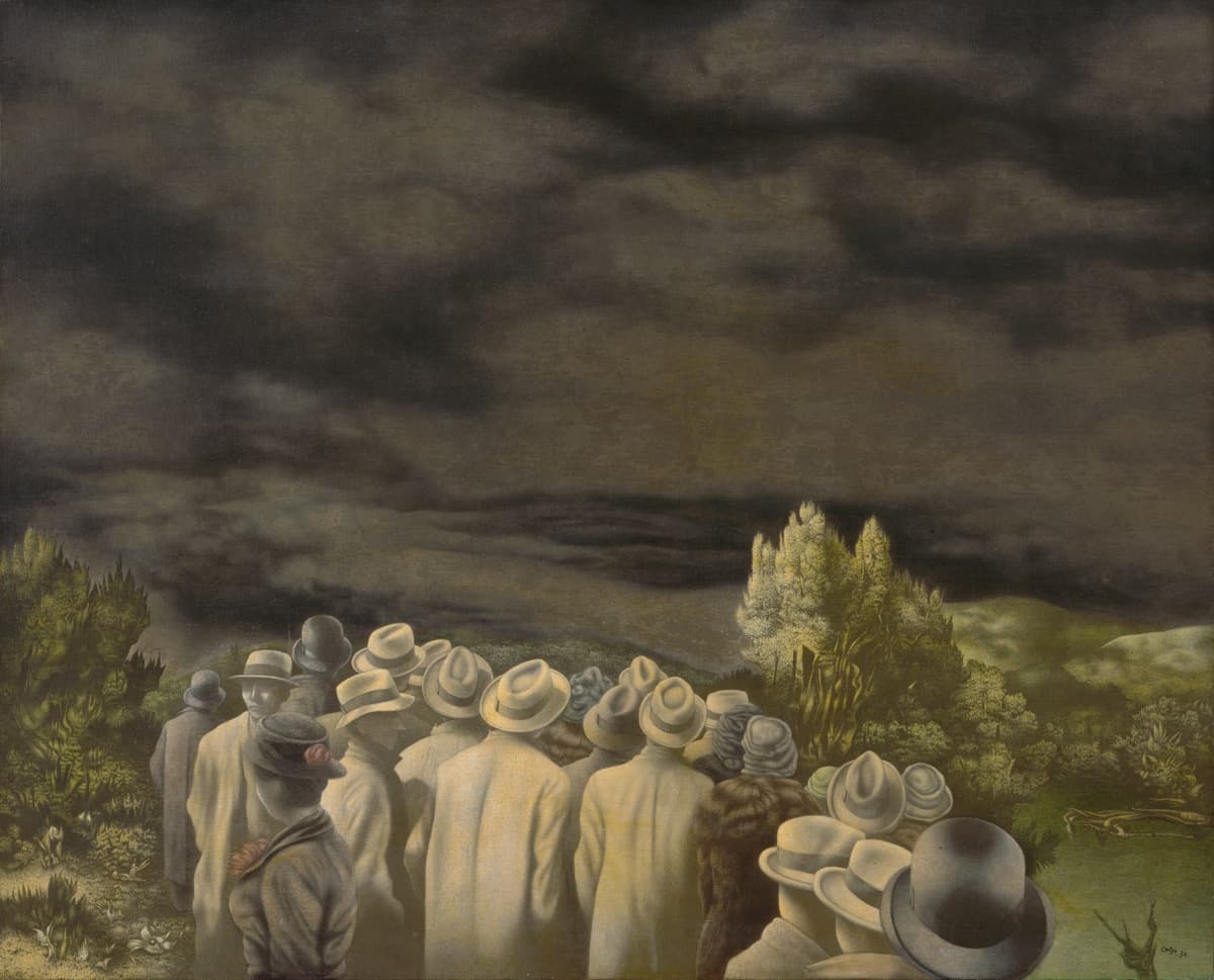 This painting depicts a group of people in light-colored hats and coats, their backs turned toward the viewer, as they gaze into a dark, ominous sky. The muted tones of the landscape and the figures create a mysterious and foreboding atmosphere, suggesting anticipation or contemplation of something unseen in the distance.