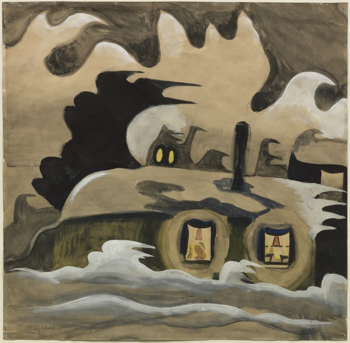 An abstract painting depicting a mysterious night scene with a house surrounded by swirling wind and dark clouds. The house has two brightly lit windows showing figures inside, and large dark shapes loom overhead, possibly symbolizing trees or storm clouds. The overall palette is dark and muted, evoking a sense of isolation or eerie calm.