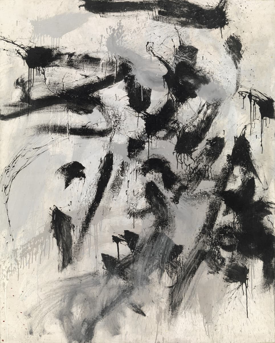 The second image showcases a dynamic abstract painting. It consists of bold, sweeping black brushstrokes on a pale background, with drips and splatters that evoke a sense of raw energy and movement. The painting appears spontaneous, with chaotic lines that create an intense and expressive composition.
