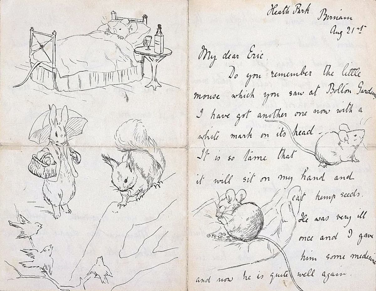 A handwritten letter accompanied by delicate pen sketches. The illustrations show a small mouse in bed with a bottle of medicine on a bedside table, a rabbit holding an umbrella and a basket, a fluffy-tailed squirrel perched on a rock, and birds flying below. Another drawing shows a mouse sitting in a human hand, eating seeds.