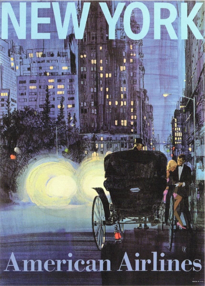 A vintage travel poster for American Airlines featuring a horse-drawn carriage on a misty New York street at night. The surrounding buildings are illuminated with glowing windows, while a man and a woman sit elegantly in the carriage. The scene captures a romanticized, classic view of New York.