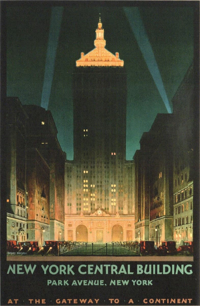 An Art Deco-style illustration of the New York Central Building at night, with dramatic spotlights illuminating the tower's golden rooftop. The tall building is flanked by smaller, shadowy skyscrapers, and the street below is bustling with vintage cars. The text at the bottom highlights the building’s location on Park Avenue, New York, calling it the “Gateway to a Continent.”