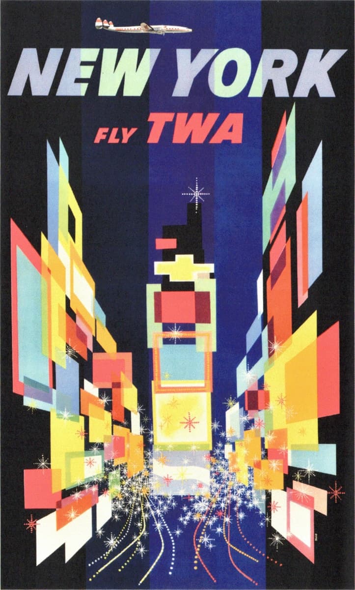 A bright and dynamic travel poster with geometric, multicolored buildings representing New York City’s iconic skyline. The buildings are stylized in glowing shapes and outlined with sparkles, suggesting the vibrant energy of the city. A plane flies overhead with "NEW YORK" and "FLY TWA" in bold text.