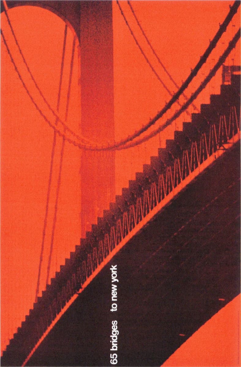 A stylized image of a bridge, primarily in red and black hues, showing a dramatic view of the bridge's suspension cables and support structures. The composition emphasizes the geometric lines and sweeping curves of the architecture, with the text "65 bridges to New York" placed vertically along the right side.