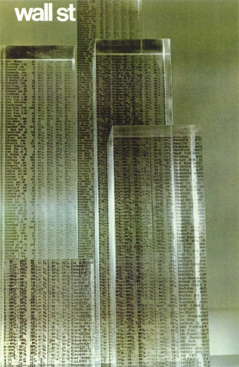 An abstract depiction of skyscrapers made from translucent blocks overlaid with stock market listings, titled "Wall St" in bold white text at the top. The tall, transparent blocks evoke the iconic financial district with the data visually representing the financial markets.