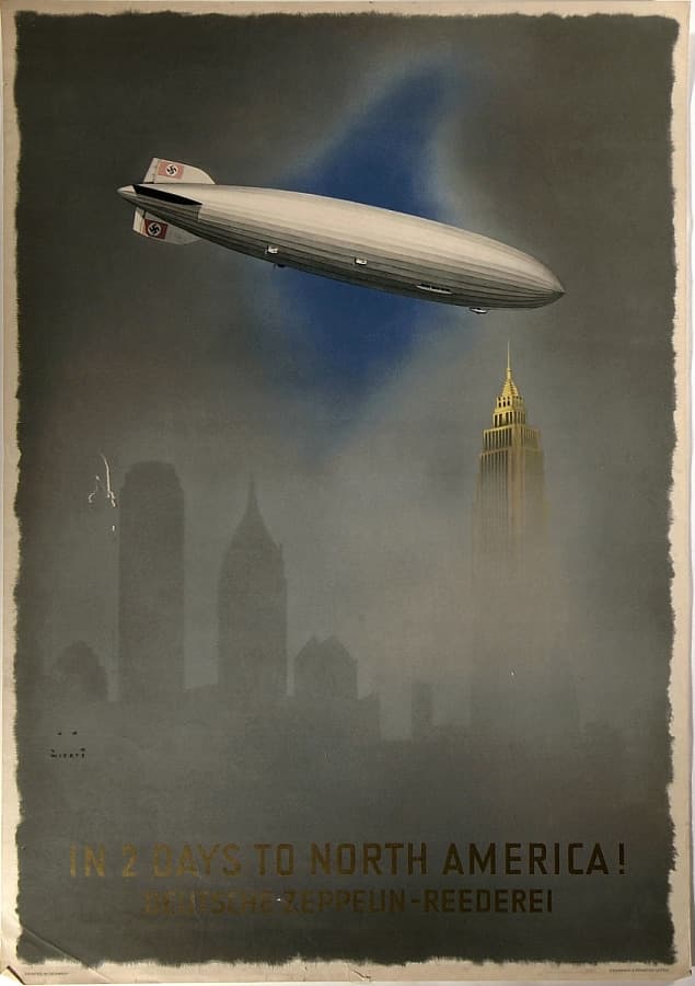 A vintage poster showing a large zeppelin airship floating above the New York skyline, including a hazy image of the Empire State Building. The text at the bottom reads, "In 2 Days to North America! Deutsche Zeppelin-Reederei," emphasizing the fast travel time of the airship.