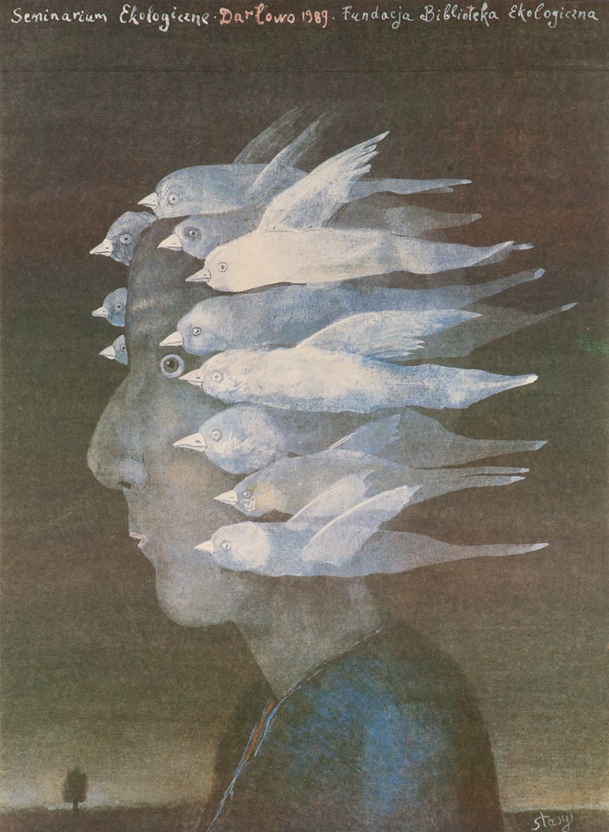 A surreal illustration of a human profile in muted tones, with a flock of white birds emerging from the figure’s head, each bird seemingly representing a part of the person’s hair. The birds appear to fly outward, blending into the background, creating a dreamlike effect. The text at the top reads "Seminarium Ekologiczne, Darłowo 1989, Fundacja Biblioteka Ekologiczna," indicating this was created for an ecological seminar. The soft, ethereal colors and blending of human and bird forms suggest themes of nature, consciousness, and environmental awareness.