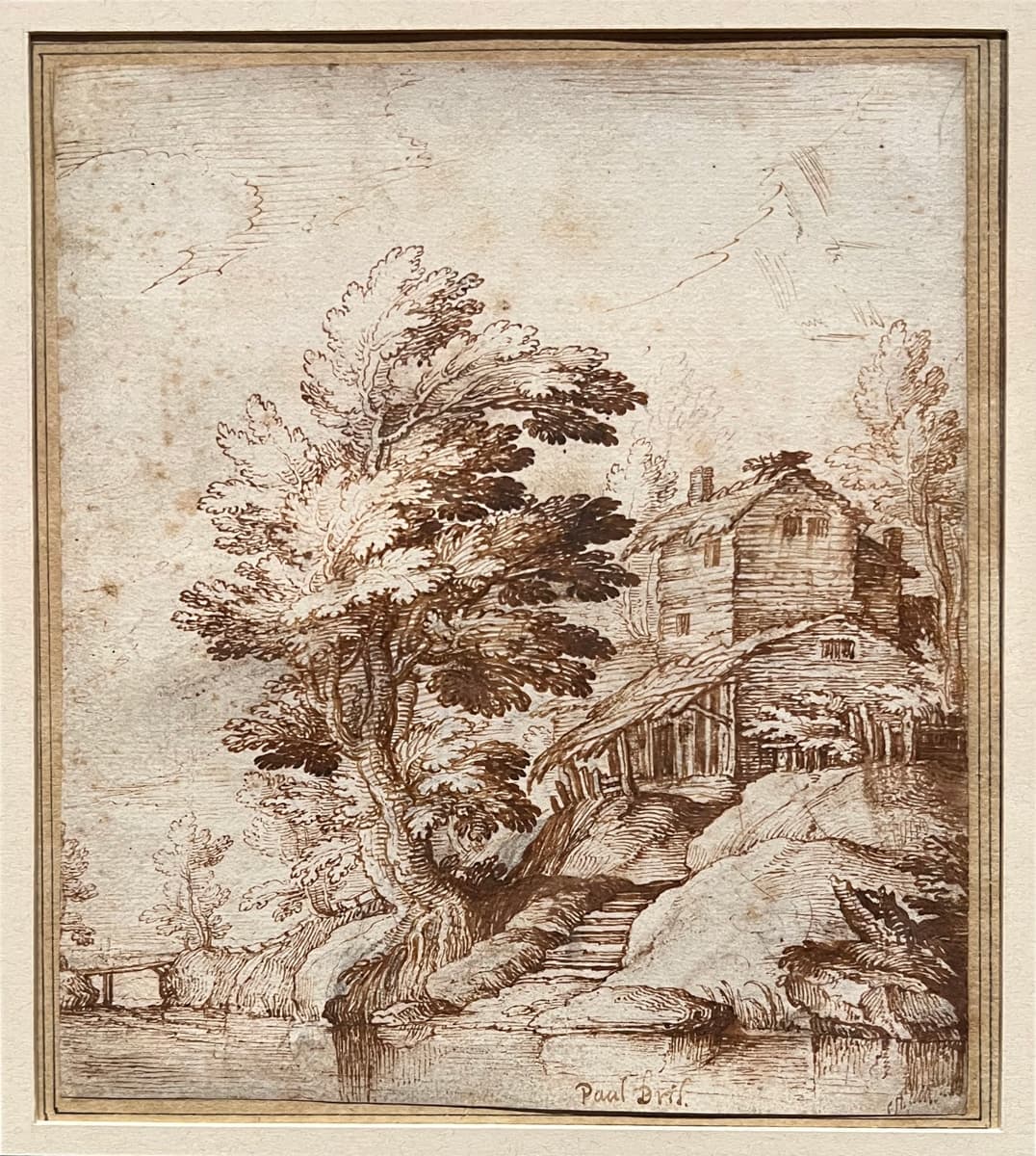 A rustic ink sketch of a house on a hill surrounded by trees. The house has a wooden, weathered appearance, with a small footpath leading up to it. The scene is detailed yet stylized with a sense of old-world charm.