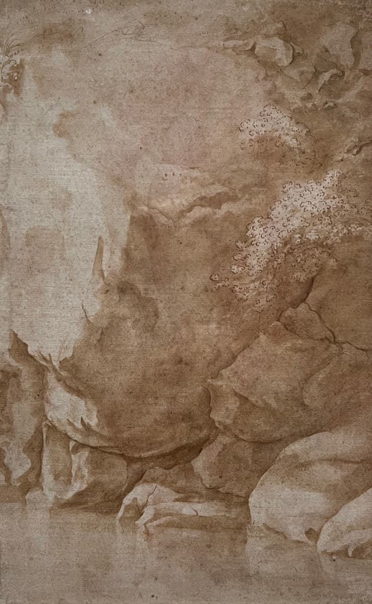 A soft, monochrome drawing of a rocky, mountainous landscape. Lightly textured with gentle shadows and delicate vegetation, the scene feels peaceful and atmospheric.