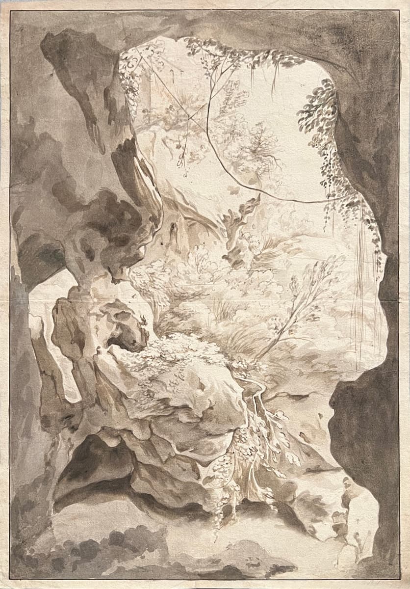 A shaded, intricate drawing of a rocky cave entrance framed by trees and foliage. Light filters through the cave, highlighting delicate plants and stones, giving the scene an organic, naturalistic feel.