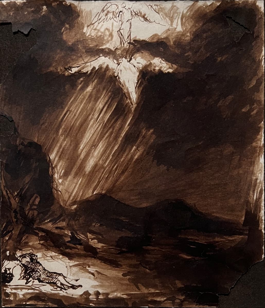 A dramatic ink drawing showing an angelic figure descending from the sky, with beams of light streaming downwards. Below, a person appears to be lying on the ground, dwarfed by the mountainous landscape and stormy clouds above.