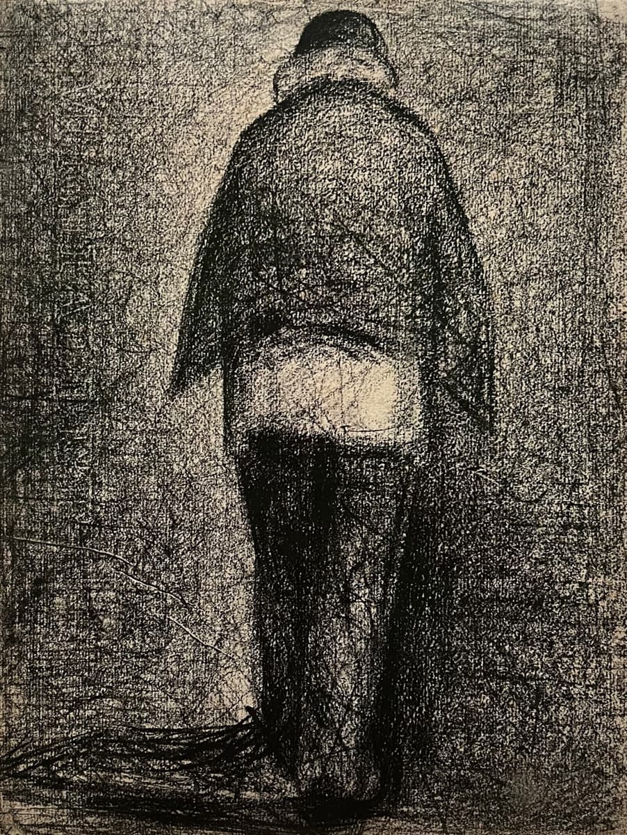 A textured sketch of a solitary figure walking away, seen from behind. The figure wears a cloak and a hat, with the surroundings shaded in dense crosshatching, creating a dark, contemplative atmosphere.