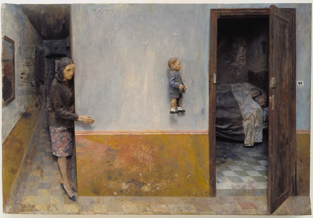 A surreal, mixed-media artwork depicting a dimly lit, eerie interior scene. A woman in a floral skirt cautiously peers around the corner of a hallway, her expression tense. On the adjacent wall, a small, doll-like figure of a child is mounted, adding a strange, unsettling element to the scene. To the right, an open doorway reveals a dark, shadowy bedroom where a figure lies asleep or lifeless under a blanket. The overall tone of the piece is haunting, blending realism with disturbing, dreamlike elements.
