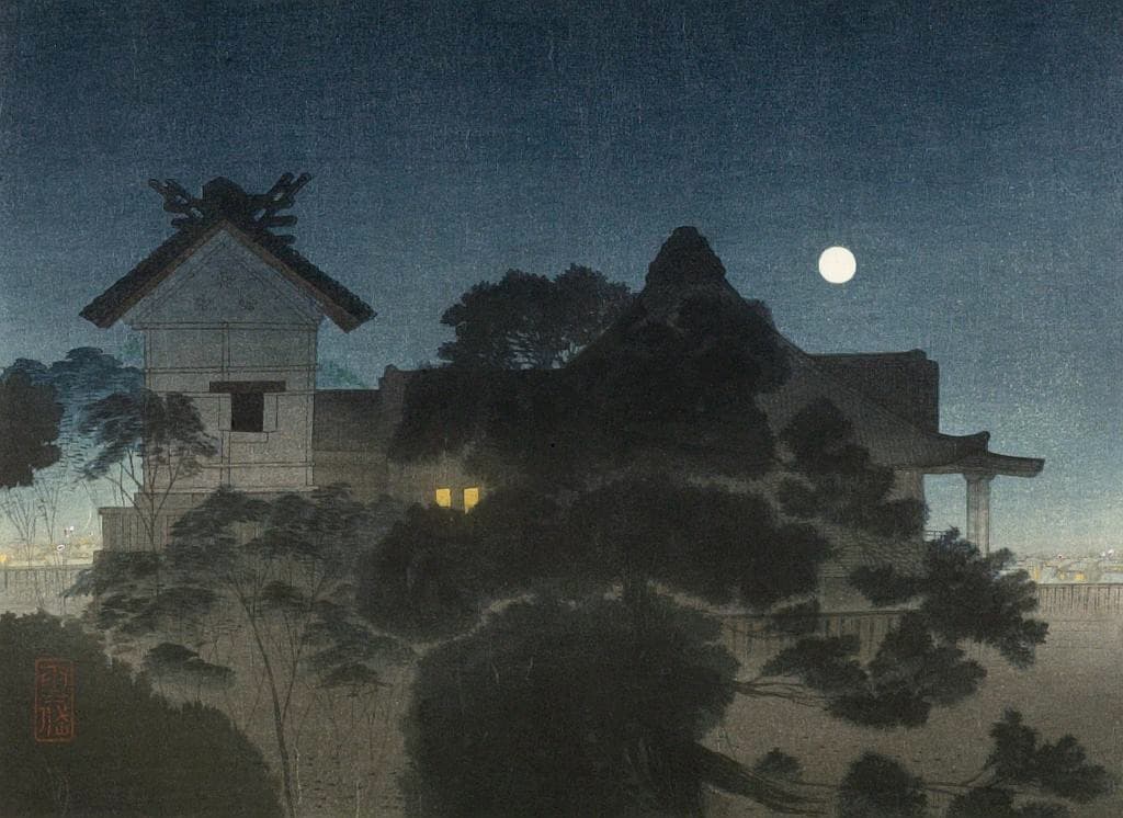 A serene night scene depicting a traditional Japanese building partially obscured by trees, bathed in soft moonlight. The sky is a gradient of deep blue, with a bright full moon illuminating the calm surroundings. Faint lights glow warmly from the windows of the structure, creating a contrast between the cool tones of the night and the gentle warmth within. The intricate silhouettes of the trees add depth and texture to the tranquil, atmospheric composition.