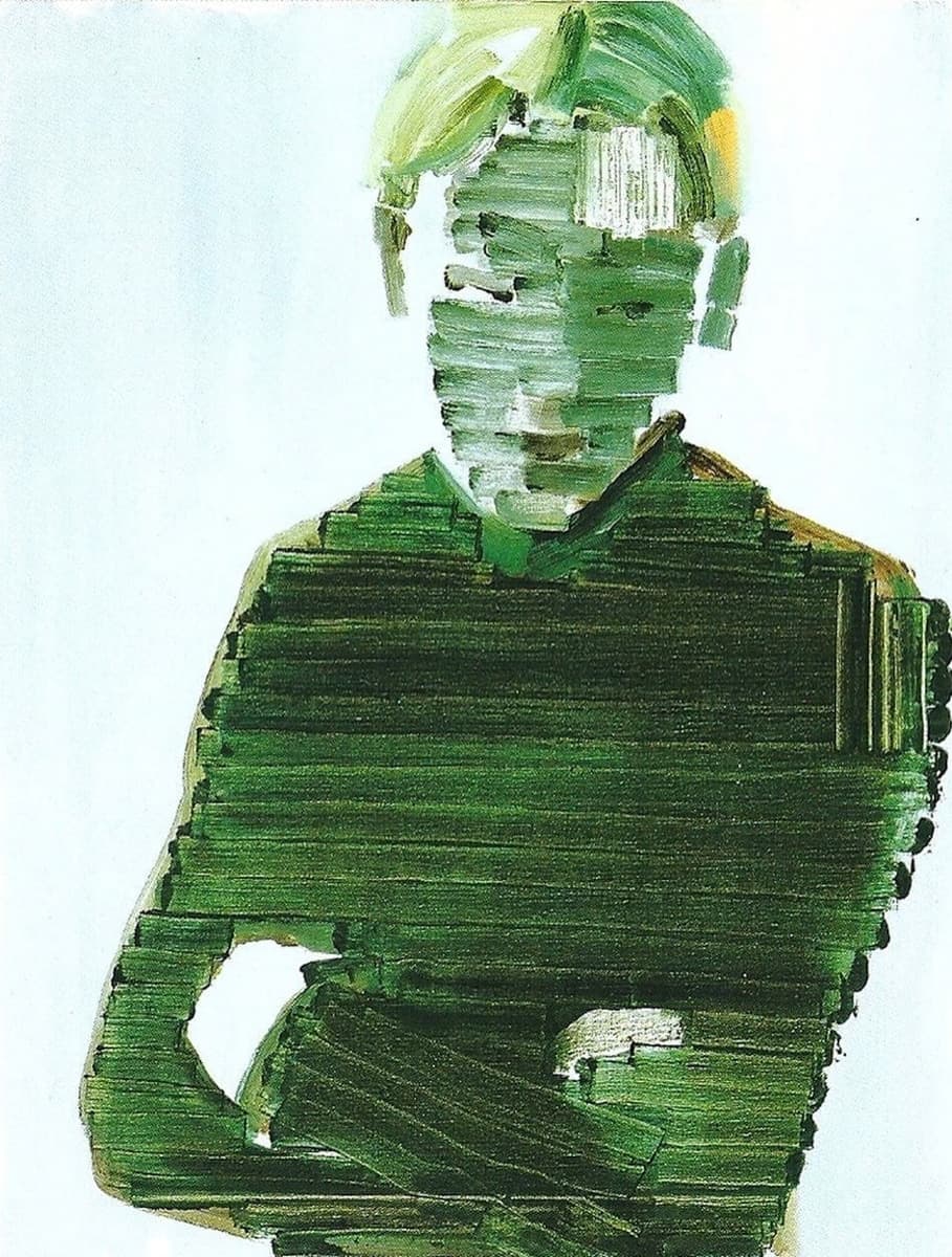 Abstract painting of a person rendered in green horizontal brushstrokes, blending shades of green and yellow. The figure's features are obscured, creating a mysterious and minimalist impression against a pale background.