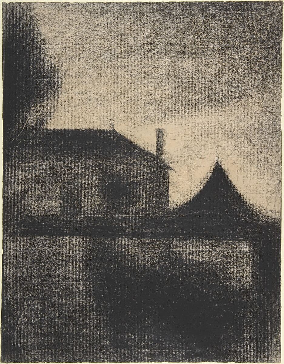 A monochromatic drawing of a house at dusk, rendered in a soft, hazy style. The dark silhouette of the house and an adjacent pointed-roof structure contrast against a textured sky. The shading and cross-hatching create a moody, atmospheric effect, evoking a quiet, mysterious, or melancholic scene. The composition is minimalistic, with subtle gradations of light and shadow adding depth.