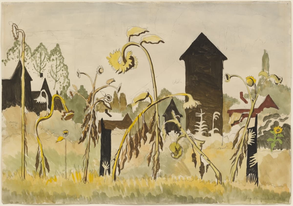 A watercolor painting depicting a field of withered sunflowers with drooping heads, surrounded by dark, silhouetted buildings. The sunflowers have bent and twisted stems, conveying a sense of decay or the passage of time. The background features trees, a pale sky, and rustic structures with sharp, angular roofs. The earthy color palette includes yellows, browns, and muted greens, creating a melancholic and atmospheric rural scene.