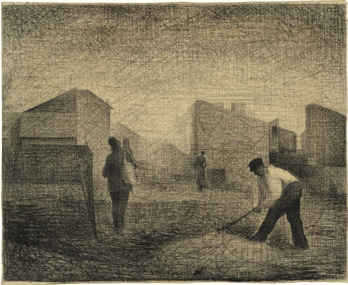 A monochromatic drawing depicting a quiet urban scene with three silhouetted figures among geometric buildings. In the foreground, a laborer in a cap and white shirt is bent over, breaking stones with a tool. To the left, another figure walks away, carrying a sack over their shoulder, while a third figure stands in the distance. The cross-hatching technique creates a hazy, atmospheric effect, evoking a somber and meditative mood. The composition emphasizes the contrast between light and shadow, with an emphasis on the daily struggles of working-class life.