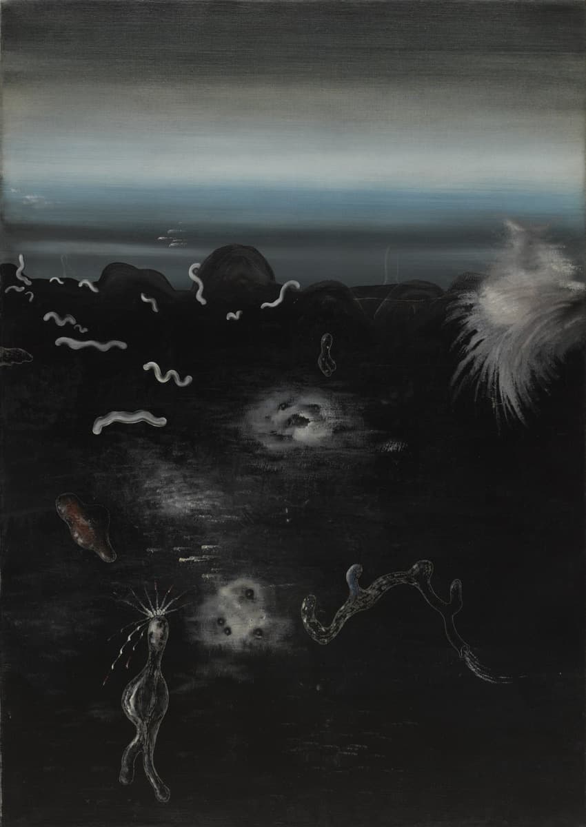 A surreal painting depicting an eerie, dark landscape filled with abstract organic forms resembling microorganisms, worms, and ghostly apparitions. The foreground is dominated by a shadowy terrain with strange, amorphous creatures, while the background features a hazy horizon with a gradient of blue and gray tones. Ethereal, wispy shapes float in the scene, adding to the mysterious and otherworldly atmosphere. The artwork evokes a dreamlike or subconscious realm, blending elements of the microscopic and the cosmic.