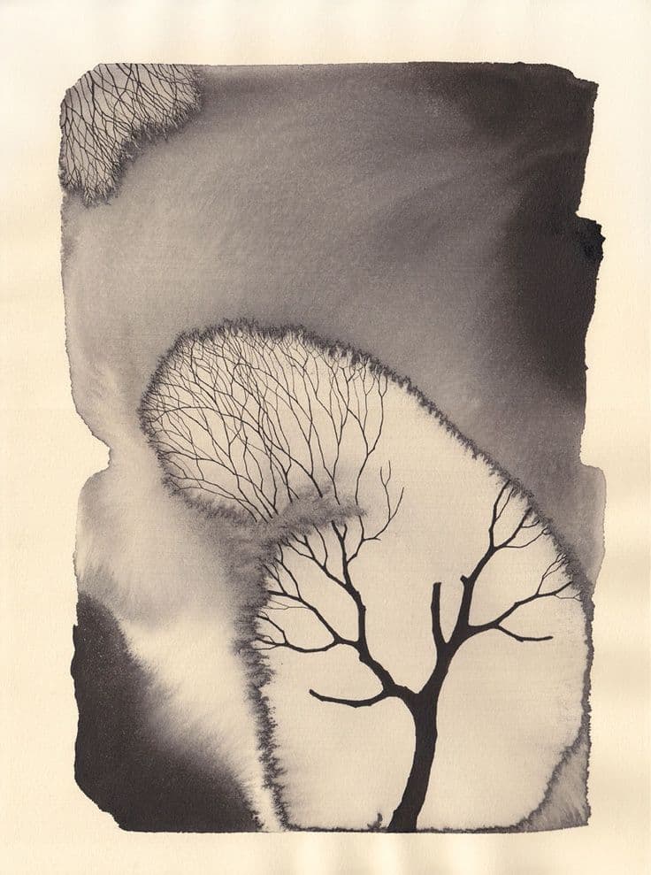 A monochromatic ink painting featuring an abstract landscape. It depicts a bare tree in the foreground with delicate, spindly branches extending outward. Surrounding the tree are organic ink washes that create an atmospheric effect, resembling clouds or mist. The branching patterns within the ink washes mirror the tree’s structure, blending natural and abstract elements in a visually striking way.