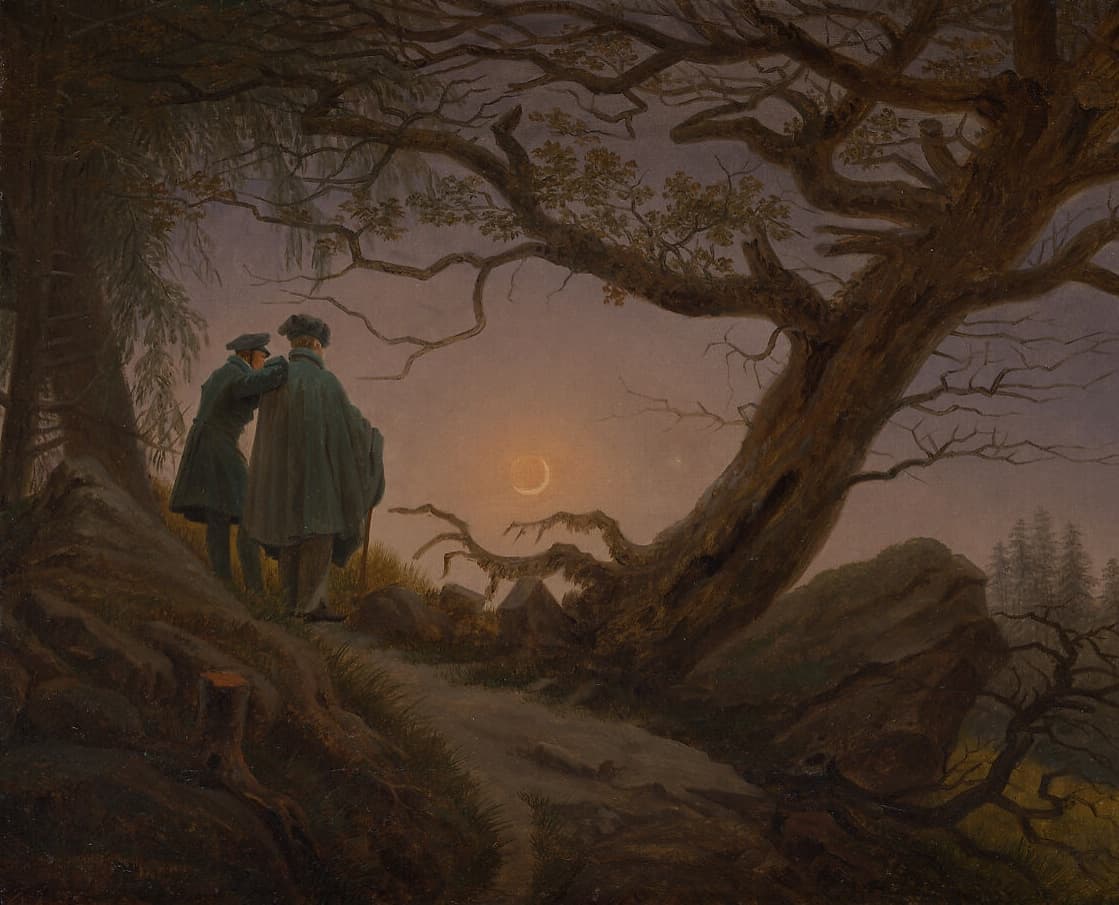 Two cloaked men stand on a wooded ridge, gazing at a crescent moon rising in a dusky sky. Twisting branches frame the scene, evoking a sense of quiet reverence and philosophical contemplation.