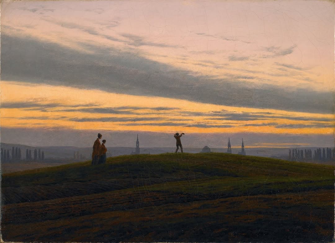 Figures gather atop a grassy hill at twilight, with one man gesturing toward the fading horizon. The sky is streaked with delicate hues of dusk, capturing a sense of longing and transition.