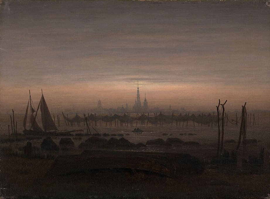 A moody twilight scene with a distant town skyline visible across dark waters. Masts, fishing nets, and boats dot the shore, bathed in pale moonlight that barely pierces the gloom.