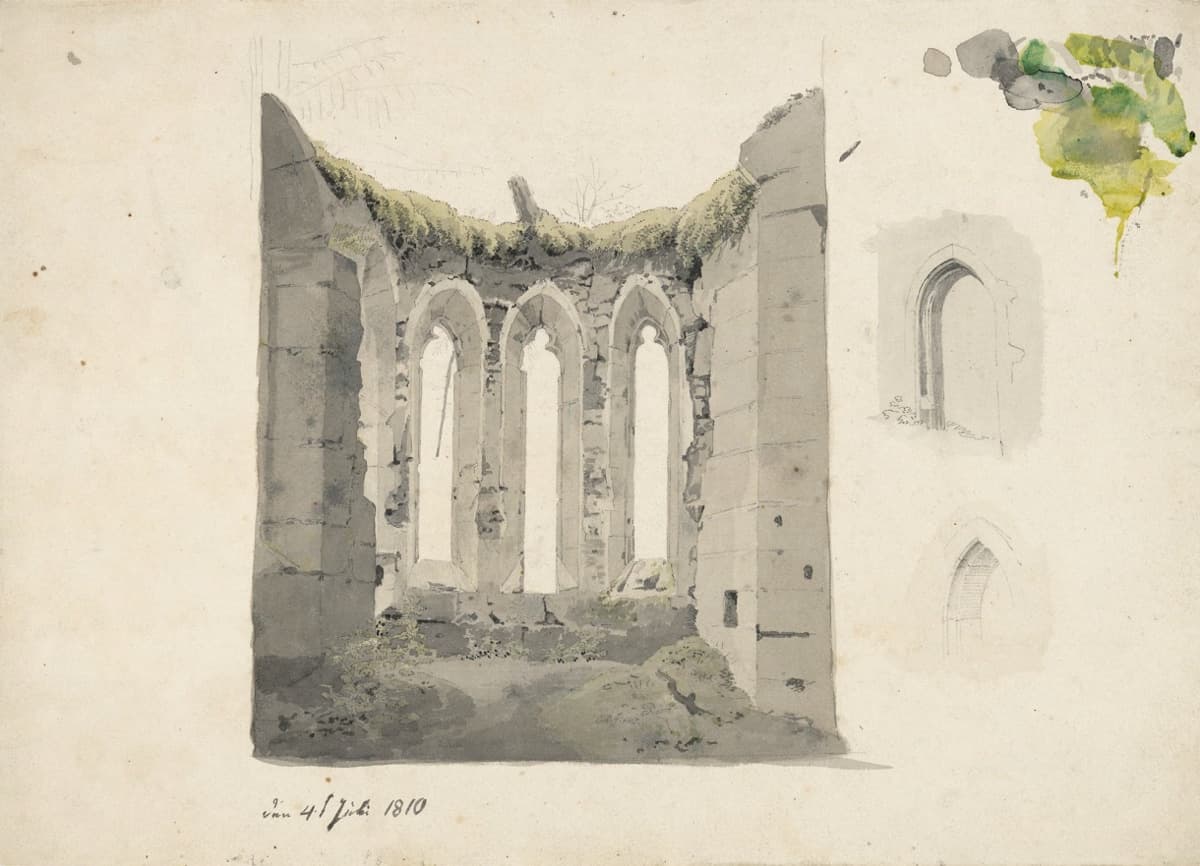 A watercolor of Gothic ruins, with tall arched windows opening onto a soft, mossy floor. The crumbling architecture stands in melancholy contrast to the delicate penciled details at the side.