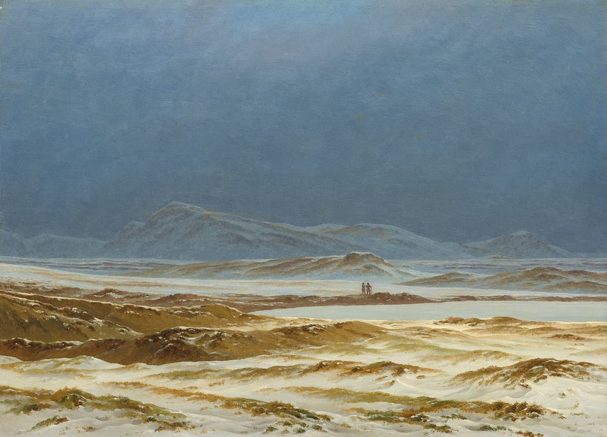 Sweeping snow-covered plains stretch beneath a wide blue-gray sky. Two distant figures are dwarfed by the expanse, emphasizing the sublime desolation of the northern terrain.
