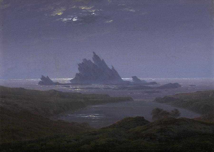 Jagged rock formations rise from the ocean beneath a moonlit sky. The light reflects off calm waters in shifting tones of purple and silver, evoking isolation and majesty.