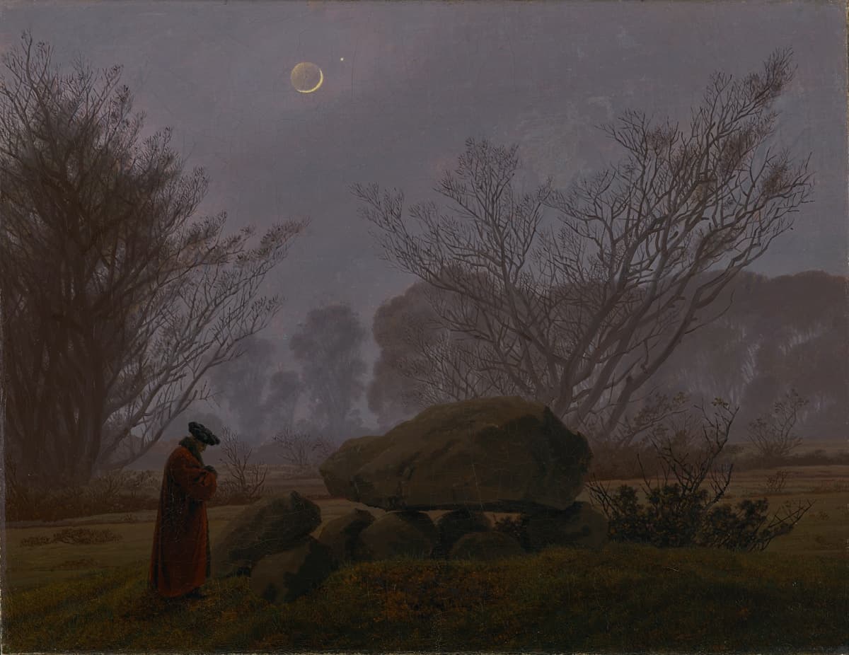 A solitary figure in a red cloak stands before an ancient dolmen in a misty field at twilight. Above, a crescent moon and a single bright star hang in a violet sky. Bare trees curve gently inward, framing the quiet act of contemplation.
