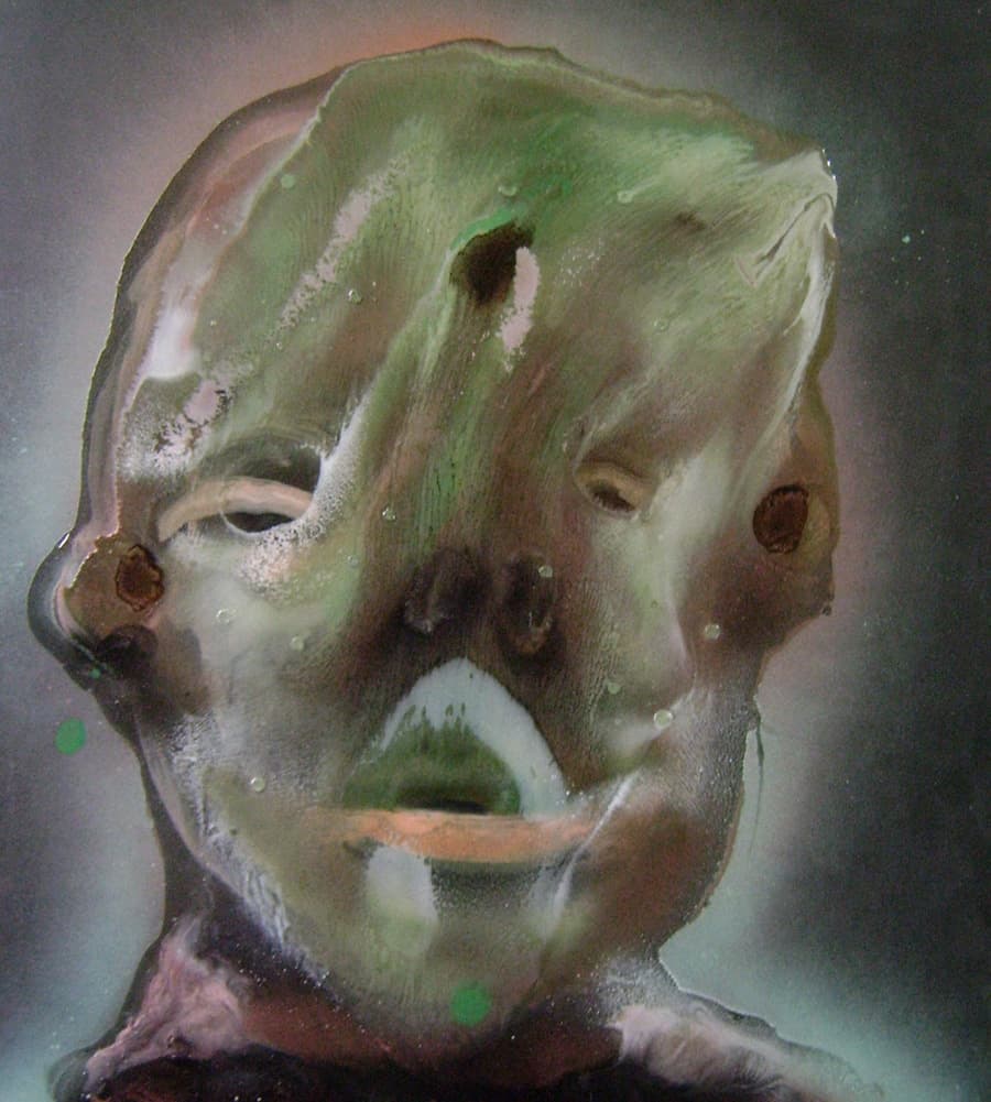 A surreal and unsettling painting of a humanoid figure with distorted facial features. The face appears melted or deformed, with hollow eye sockets, an asymmetrical mouth, and unusual textures resembling wax or decaying organic matter. The color palette includes muted greens, browns, and hints of white, giving the figure a ghostly, otherworldly appearance. The background is dark and indistinct, adding to the eerie, dreamlike atmosphere.