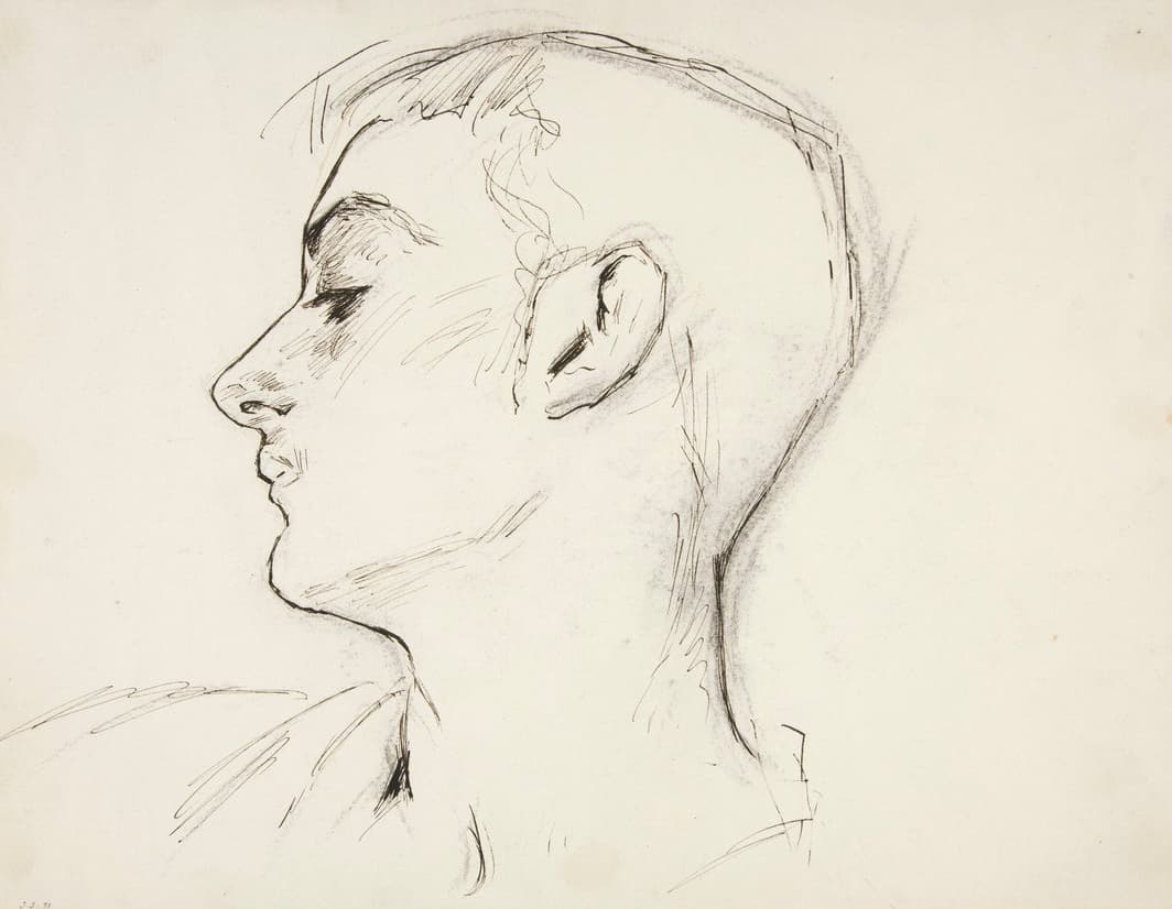 A delicate pencil sketch of a young man's head in profile, facing left. The lines are minimal but expressive, capturing the serene and introspective quality of the subject’s closed eyes and gentle features.