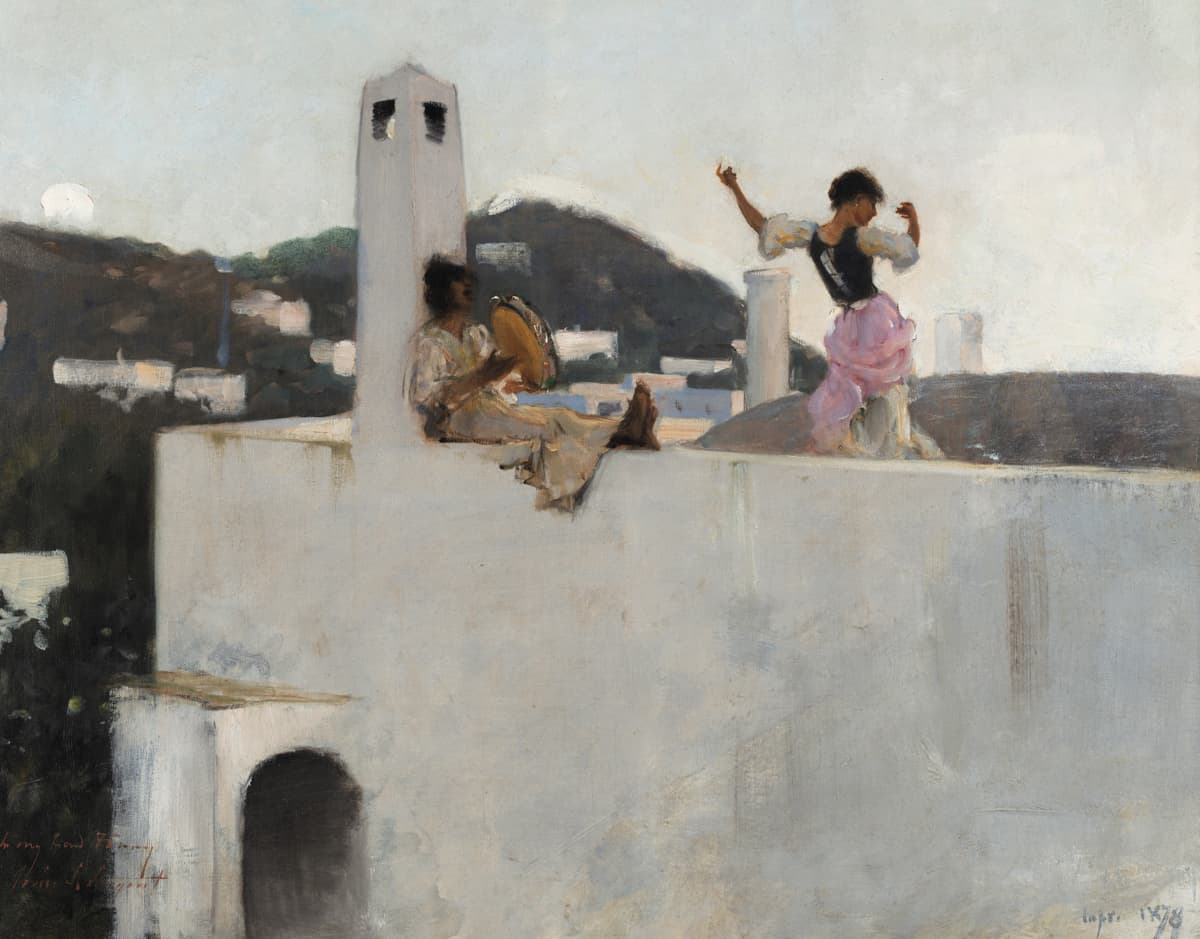 A sunlit rooftop scene with two figures: a woman seated and playing a tambourine, and a woman mid-dance in a flowing pink skirt and black bodice. The bright white building contrasts against distant hills, evoking a lively moment in a Mediterranean village.