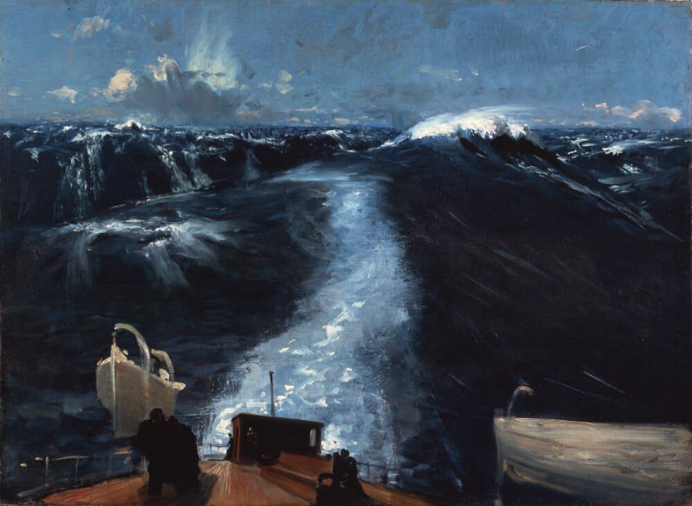 A dramatic painting of a ship cutting through dark, turbulent waves under a vast blue sky. The ship’s deck is visible in the foreground with silhouetted figures and lifeboats. The white foam trails behind as the vessel presses forward, emphasizing the power and scale of the sea.