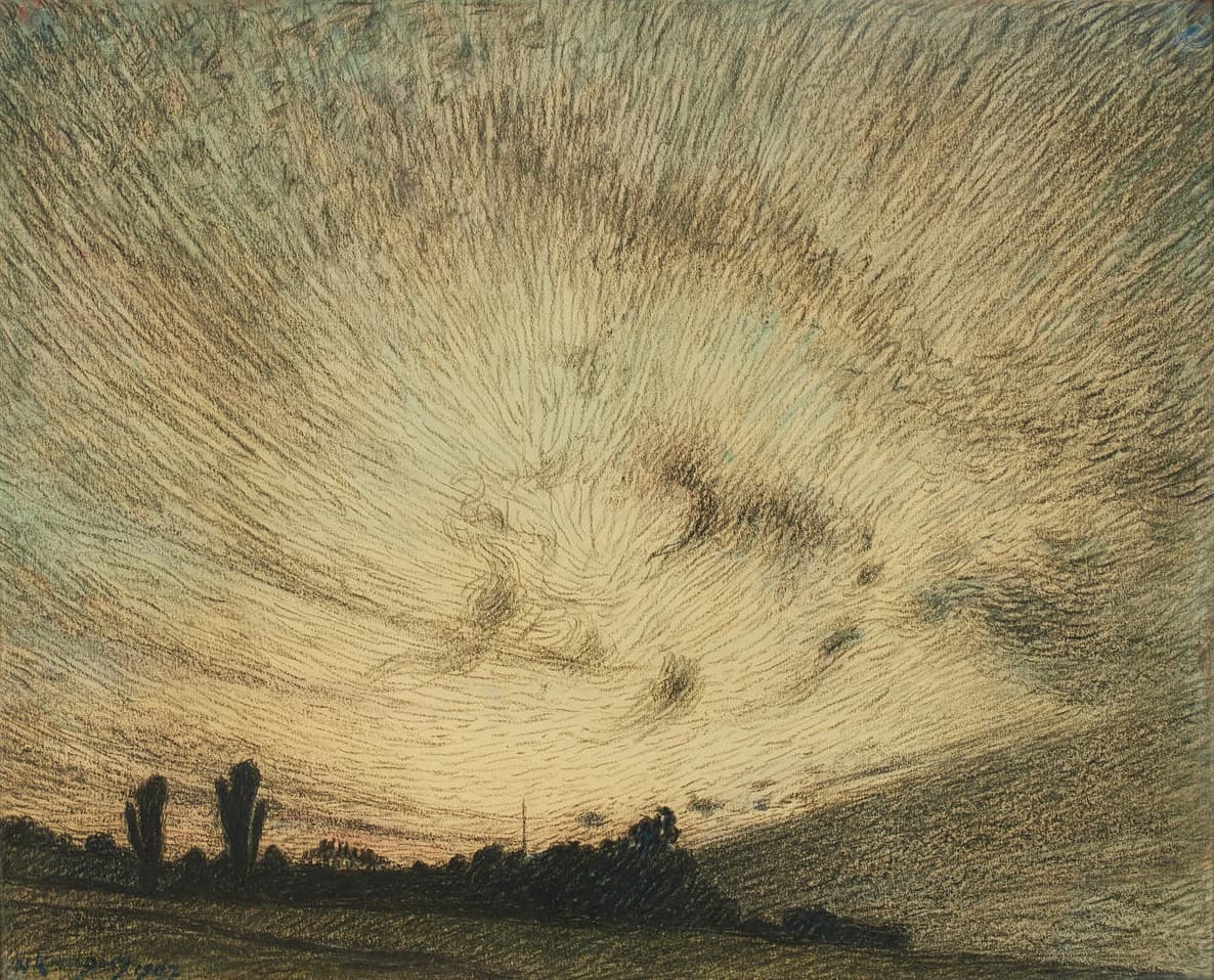 Pastel and pencil drawing of an expansive evening sky over a darkened landscape. The sky is filled with swirling, radiating lines in soft yellows, browns, and muted blues, creating a dynamic, almost hypnotic texture that suggests wind or motion. Silhouetted trees and bushes line the horizon, emphasizing the vastness and movement of the sky above. The atmosphere is calm yet intense, capturing the fleeting light of dusk.