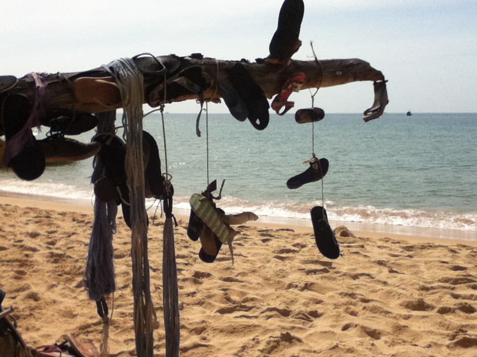 A unique beach scene featuring a driftwood branch with numerous sandals and flip-flops tied to it with string, creating a whimsical display against the backdrop of a sandy beach and the calm ocean. The sky is bright and clear, with gentle waves lapping at the shore in the distance. The image evokes a sense of creativity and laid-back beach culture.