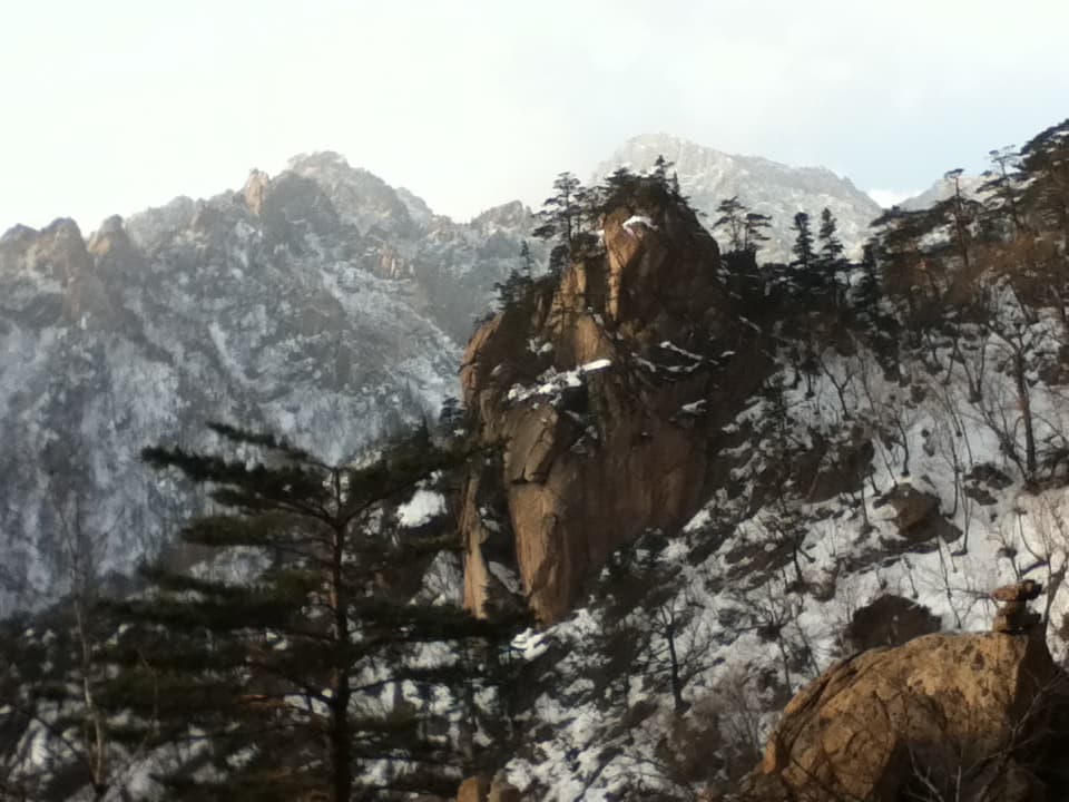 This image showcases a dramatic mountain landscape with rocky cliffs and snow-capped peaks in the background. The foreground features rugged terrain with scattered trees, some of which are evergreen, providing contrast against the stark, snow-covered rocks. The towering cliffs are dotted with patches of snow, and their steep faces give the scene a sense of grandeur and isolation. The image has a cold yet serene atmosphere, with the natural beauty of the wilderness emphasized by the snow and the surrounding rugged mountains. It evokes a peaceful yet wild feeling, where nature reigns supreme.