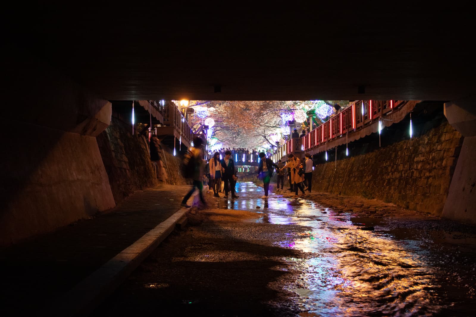 This image captures a vibrant night scene beneath a bridge, with people walking along a stream that reflects colorful lights. The waterway is lined with illuminated decorations, and the trees above are adorned with festive lights, creating a magical atmosphere. The reflections of various hues—purple, blue, and yellow—on the water add depth and movement to the scene. On both sides of the stream, elevated walkways allow more people to enjoy the view. The scene feels lively yet intimate, with groups of people interacting and strolling through this enchanting, light-filled environment. The combination of natural elements and urban lighting creates a captivating, almost dreamlike atmosphere.
