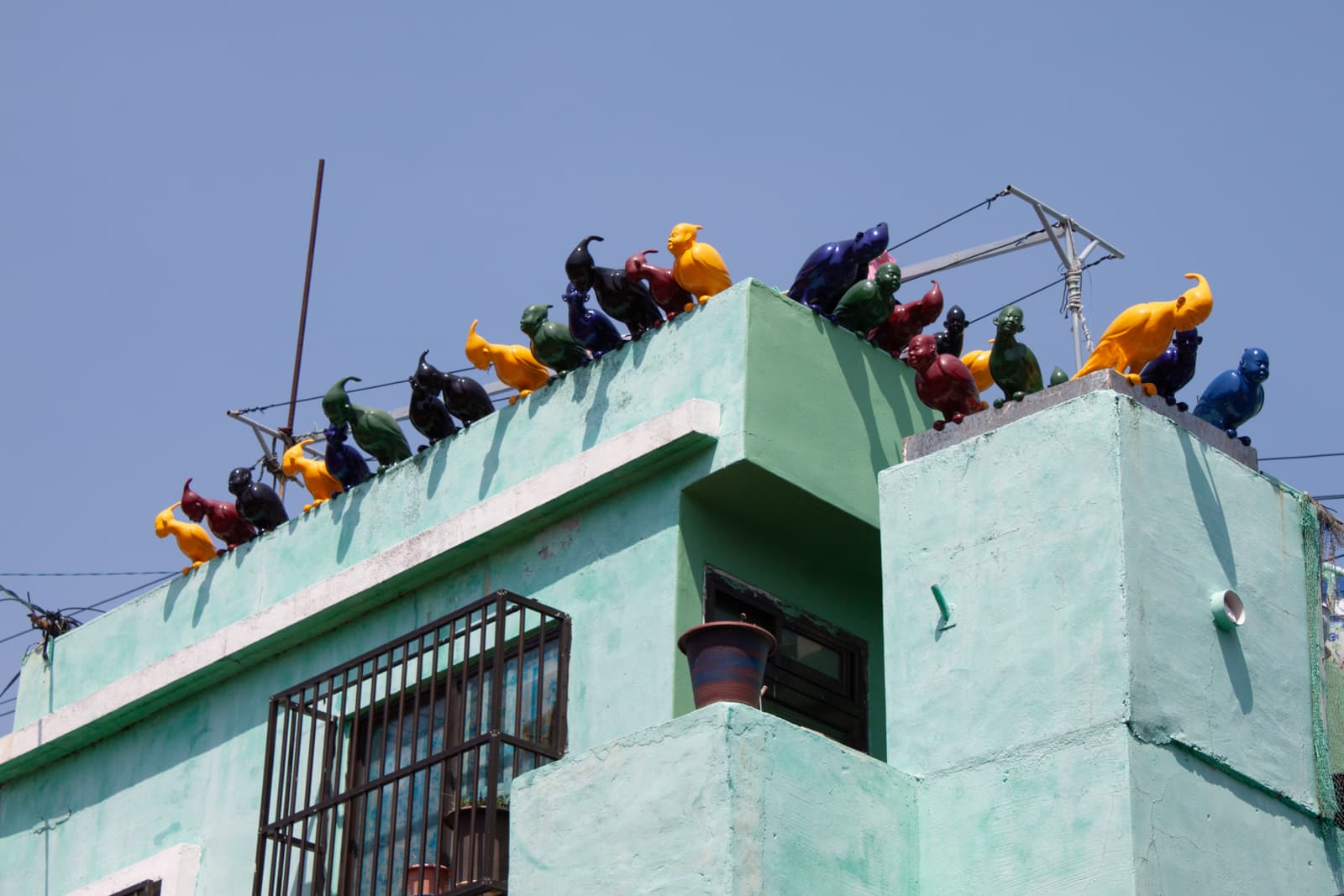This image shows a whimsical display of brightly colored animal sculptures—perhaps birds or a mix of creatures—perched along the edge of a pastel green building's rooftop. The animals are painted in vivid hues such as yellow, red, blue, green, and black, creating a striking contrast against the light green building and the clear blue sky. The playful arrangement of the sculptures adds a sense of fun and creativity to the otherwise plain building, making it stand out as an artistic landmark. The architectural simplicity of the building contrasts with the boldness of the colorful figures, giving the scene an eclectic and lively atmosphere.