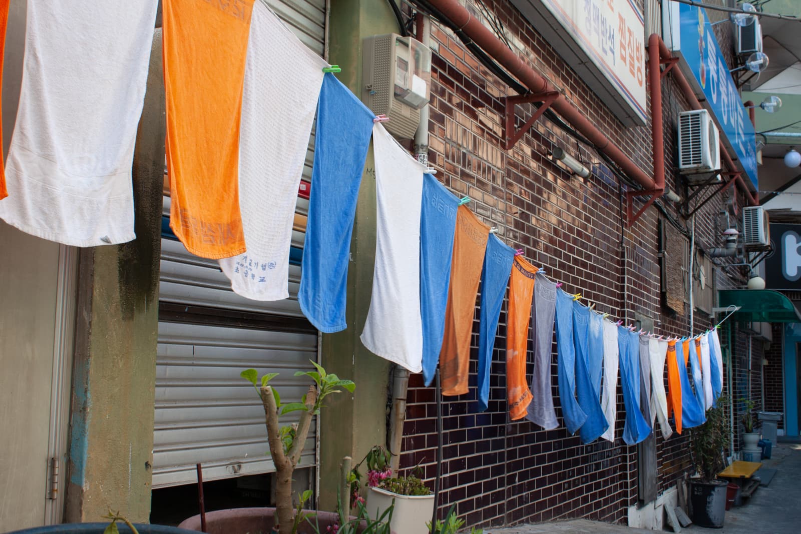 This image shows a row of brightly colored towels—mainly orange, white, and blue—hanging on a clothesline outside a building. The building has a brick facade, with various signs and air conditioning units visible on the walls. The towels sway slightly in the breeze, creating a casual and lively atmosphere. The vibrant colors of the towels contrast with the muted tones of the building and the sidewalk, drawing attention to the everyday simplicity of drying laundry in an urban alleyway. Small potted plants near the bottom of the image add a touch of greenery to the otherwise industrial setting, creating a warm, lived-in feel.