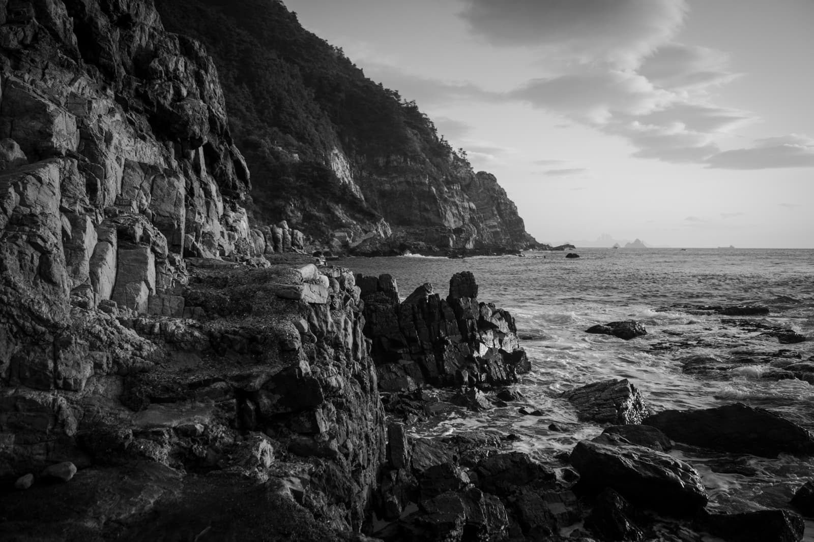 A black-and-white coastal landscape featuring rugged cliffs meeting the sea. The rocky shoreline is bathed in soft light, and the ocean waves crash against the rocks, highlighting the wild beauty of the natural scene.