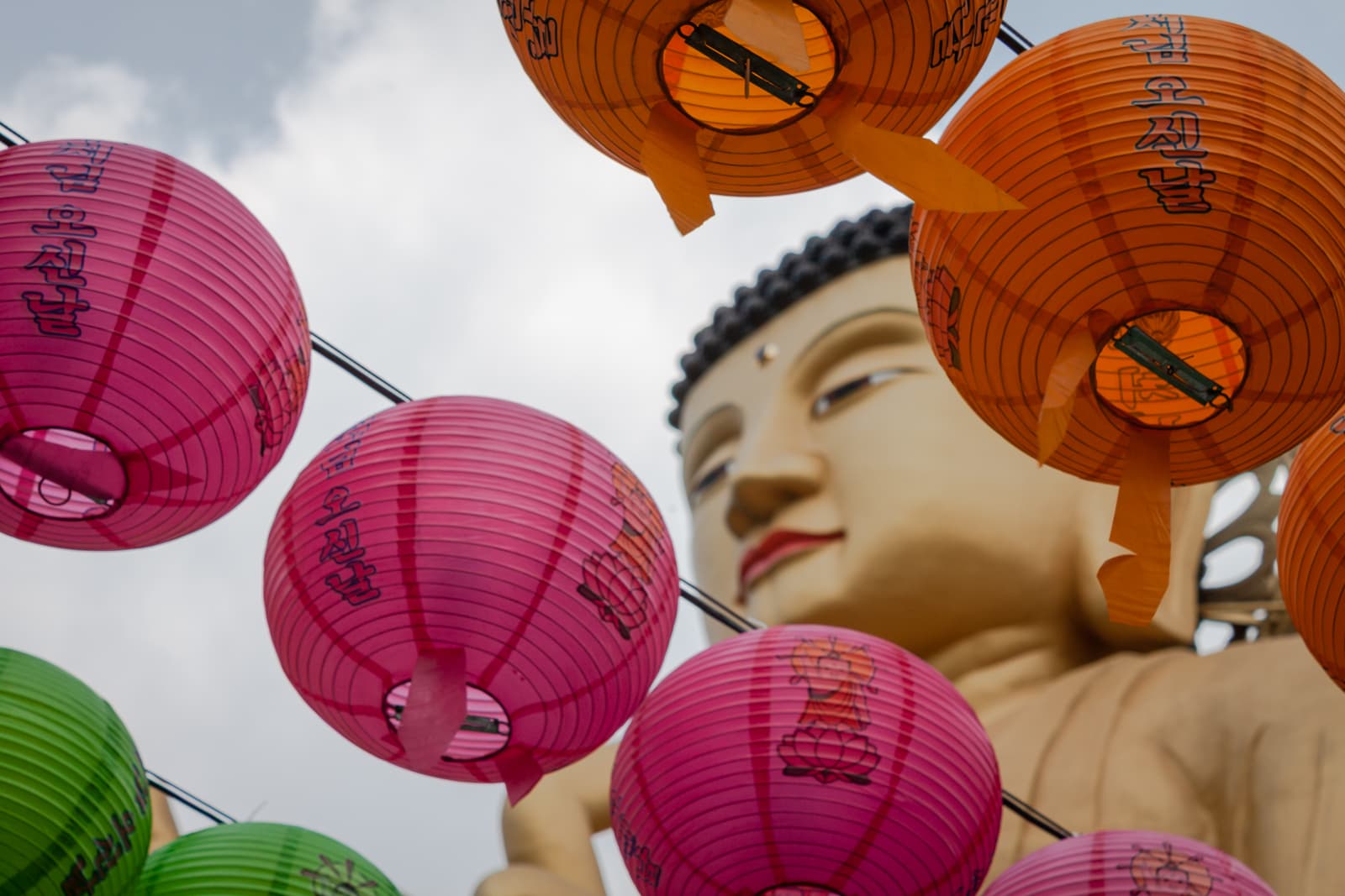 Colorful lanterns in shades of pink, orange, and green hang in front of a large Buddha statue. The lanterns have inscriptions and illustrations on them, adding a festive atmosphere to the serene background of the Buddha's peaceful face.