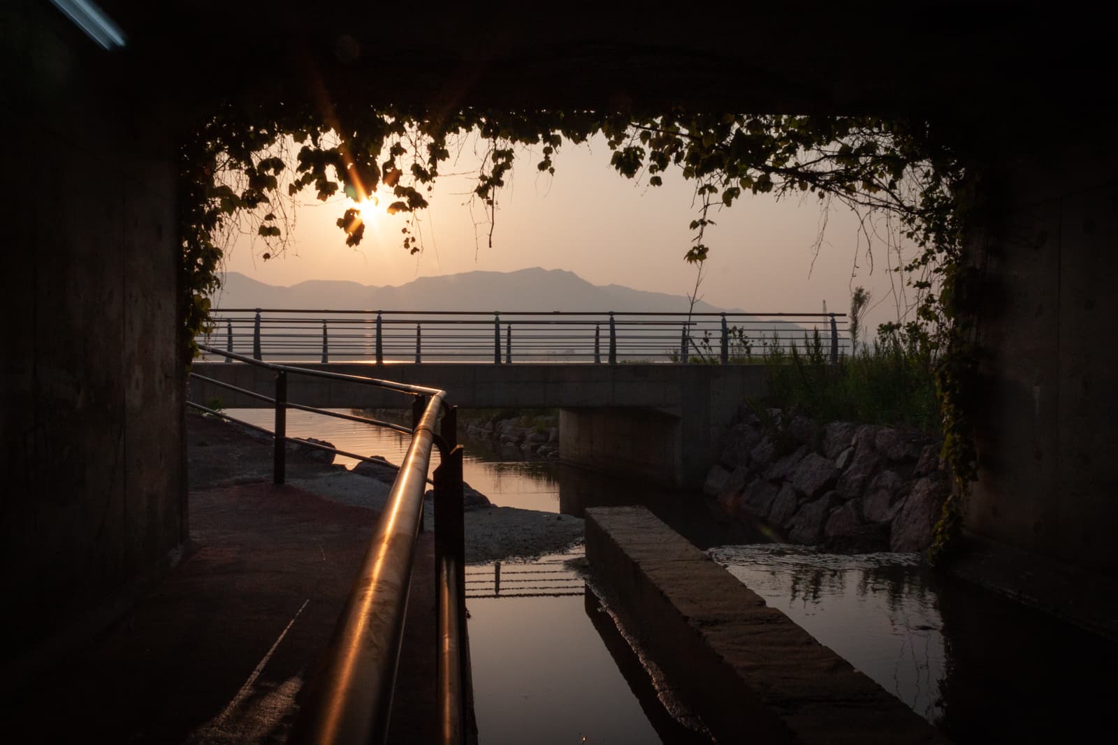 A view from under a bridge, with vines hanging from the top and the sunset visible through the opening. A calm river runs below, with a pedestrian walkway along the side, framed by a distant mountain range.