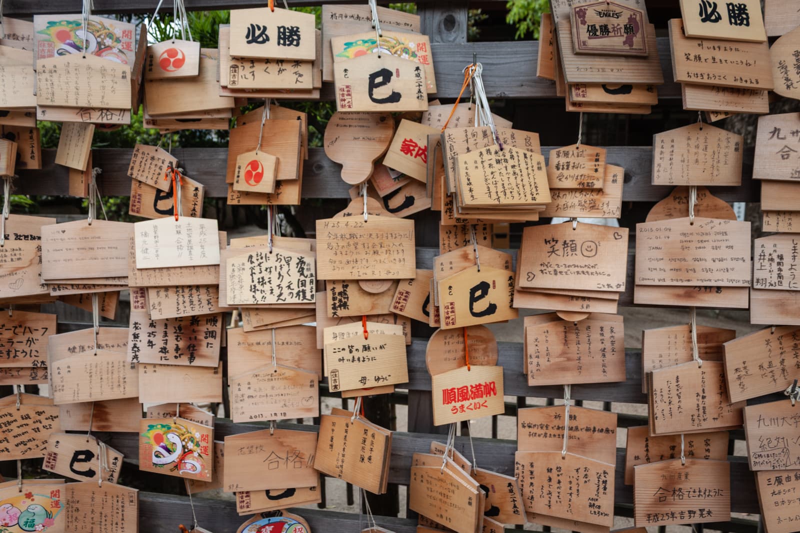 A collection of wooden prayer plaques, known as ema, hanging at a shrine, covered with hand-written messages and prayers in Japanese.