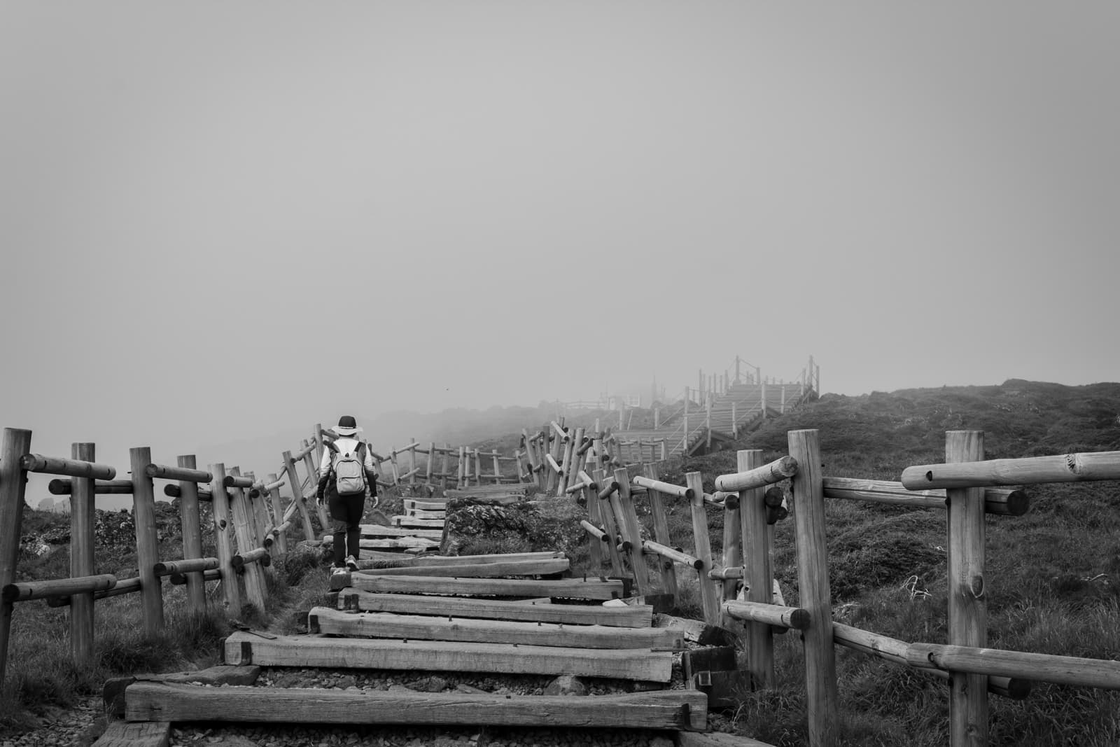 A solitary hiker walking along a wooden path with fencing on both sides, disappearing into the fog. The path stretches into the misty distance in this monochrome image, conveying a sense of isolation.
